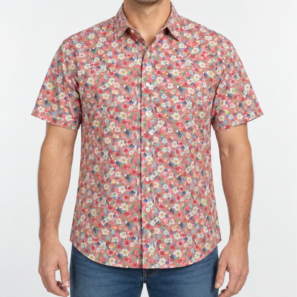 Johnston & Murphy Shirt Mens Medium Flamingo Floral Tropical Toucan Button Up